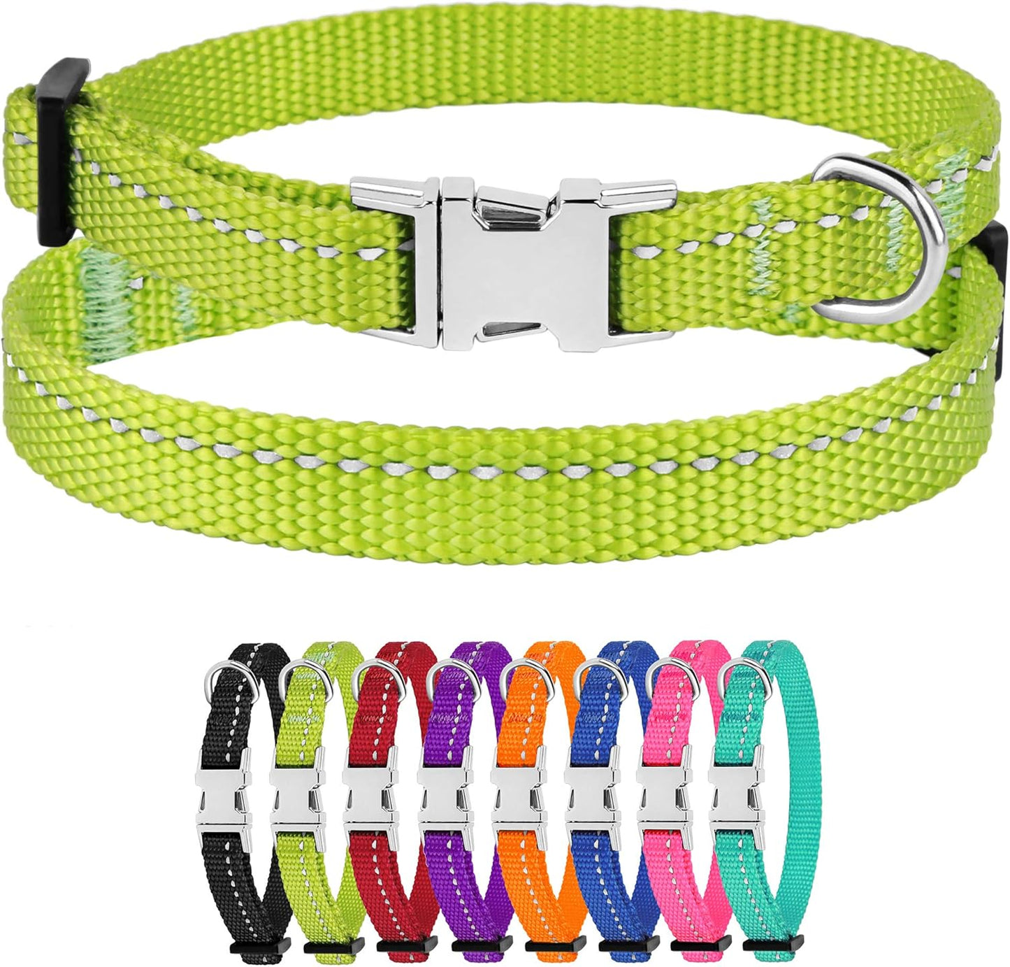 Reflective Dog Collar for a Small, Medium, Large Dog or Puppy with a Quick Release Buckle - Boy and Girl - Nylon Suitable for Swimming (7-11 Inch, Lime Green)
